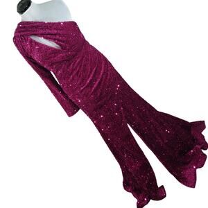 NWT! FASHION NOVA! DEEP FUSCHIA PINK/RED SEQUINNED STRETCH VELVET GOWN! 2X